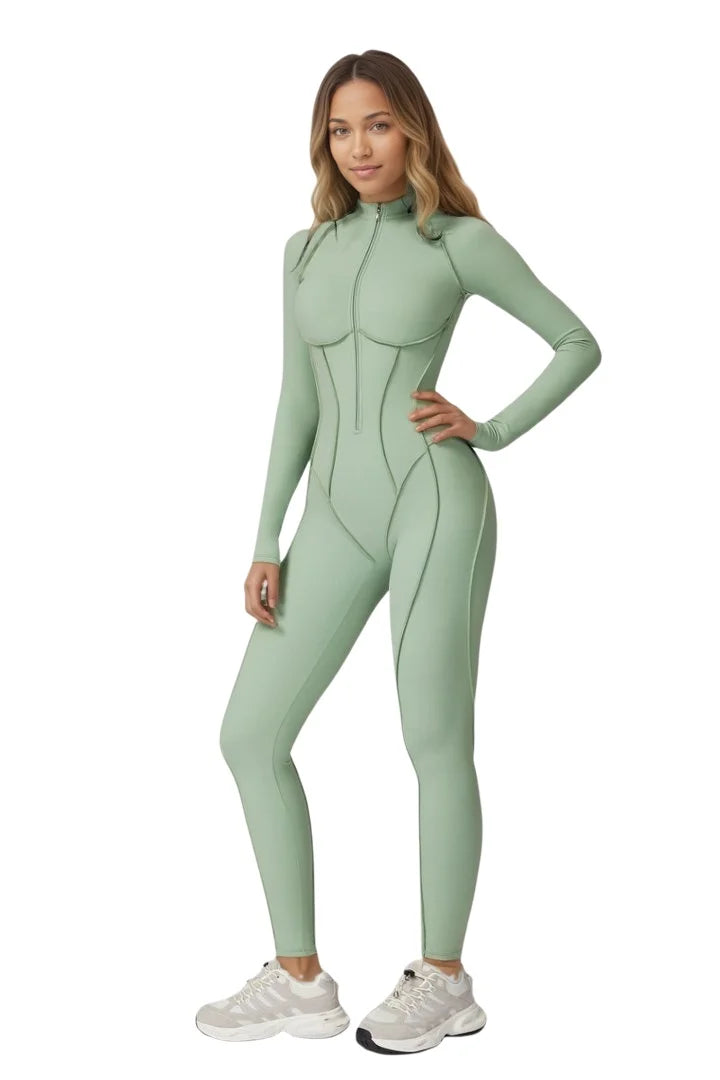 Zip Front Long Sleeve Yoga Jumpsuit For Women Tummy Control Bodycon
