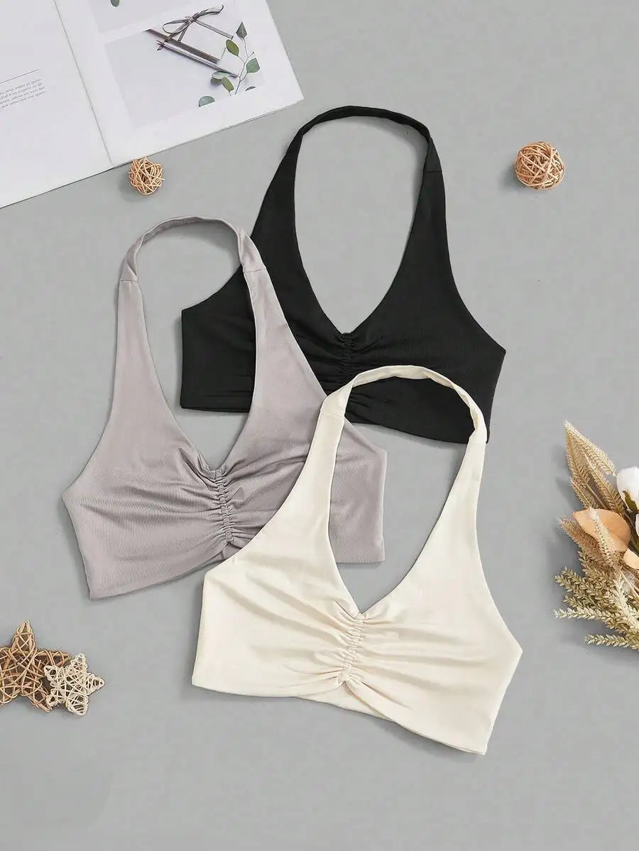 Ruched Halter Sports Bra And Fitness Cami Set For Yoga