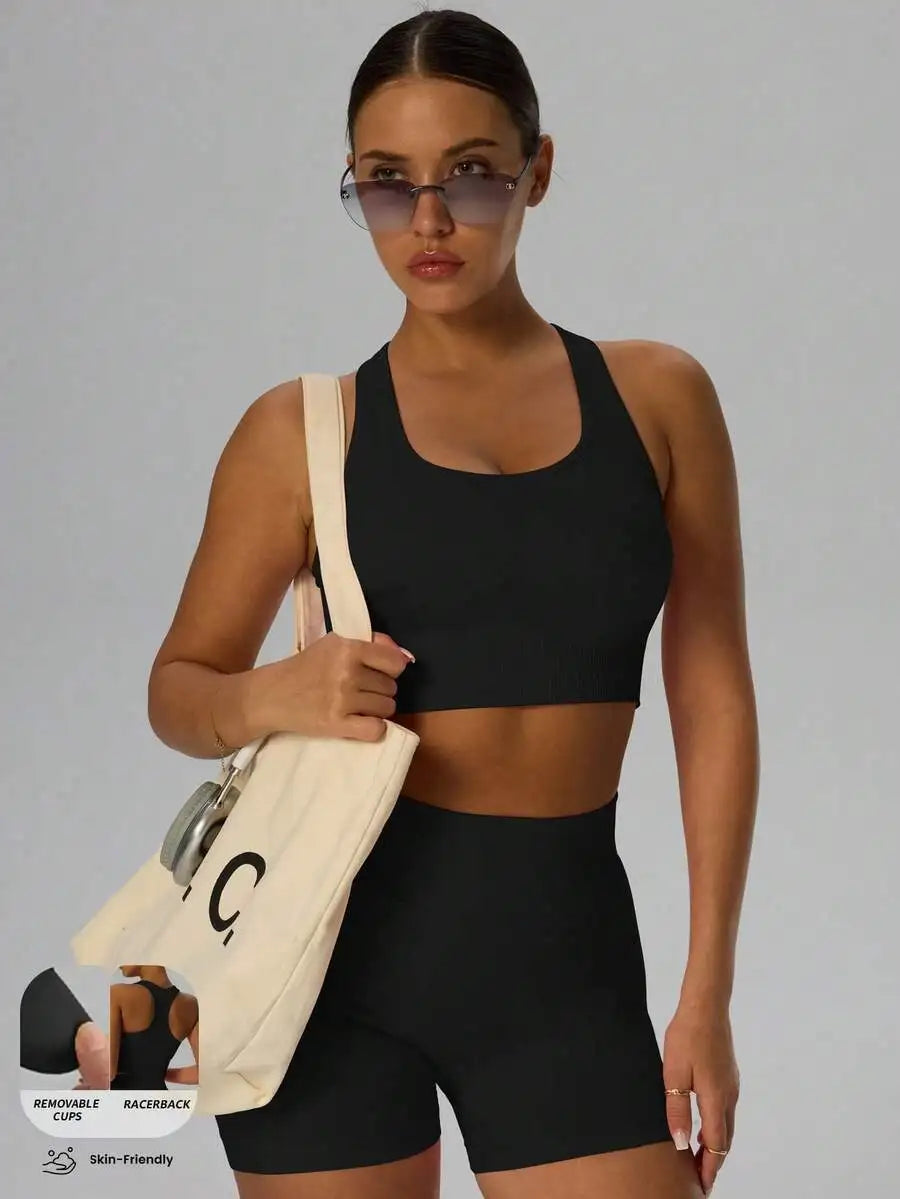 Ribbed Knit Wireless Sports Bra Breathable For Yoga Pilates Cycling