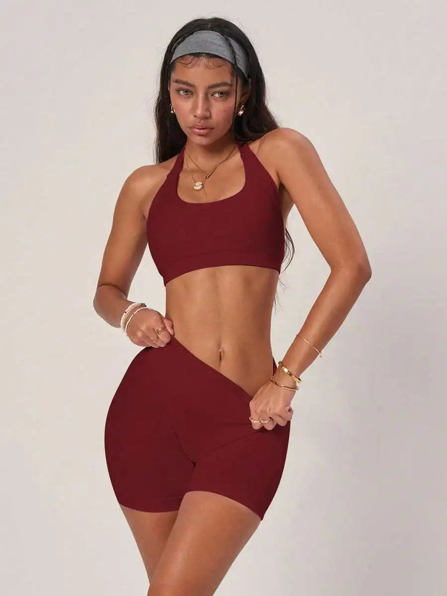 Ribbed Backless Camisole High Waist Cycling Shorts Set Yoga
