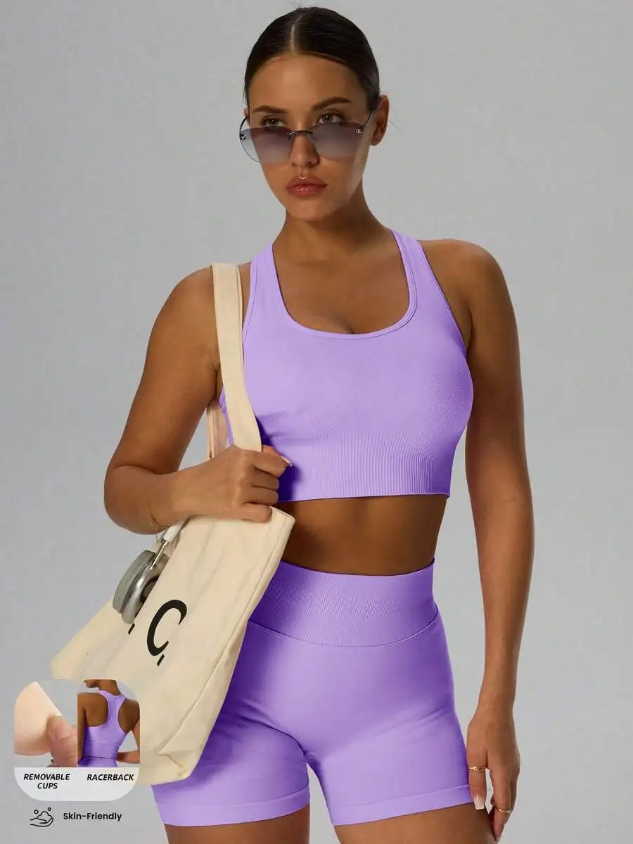 Ribbed Knit Wireless Sports Bra Women Shockproof Yoga Pilates Cycling