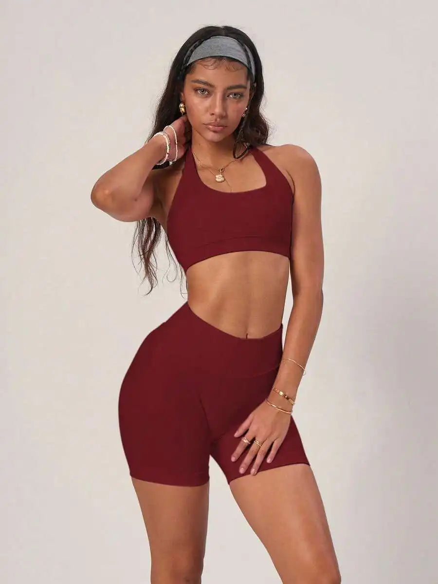 Ribbed Backless Camisole And High Waist Cycling Shorts Set Women