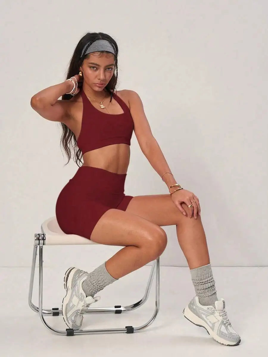 Ribbed Backless Camisole And High Waist Cycling Shorts Set Yoga