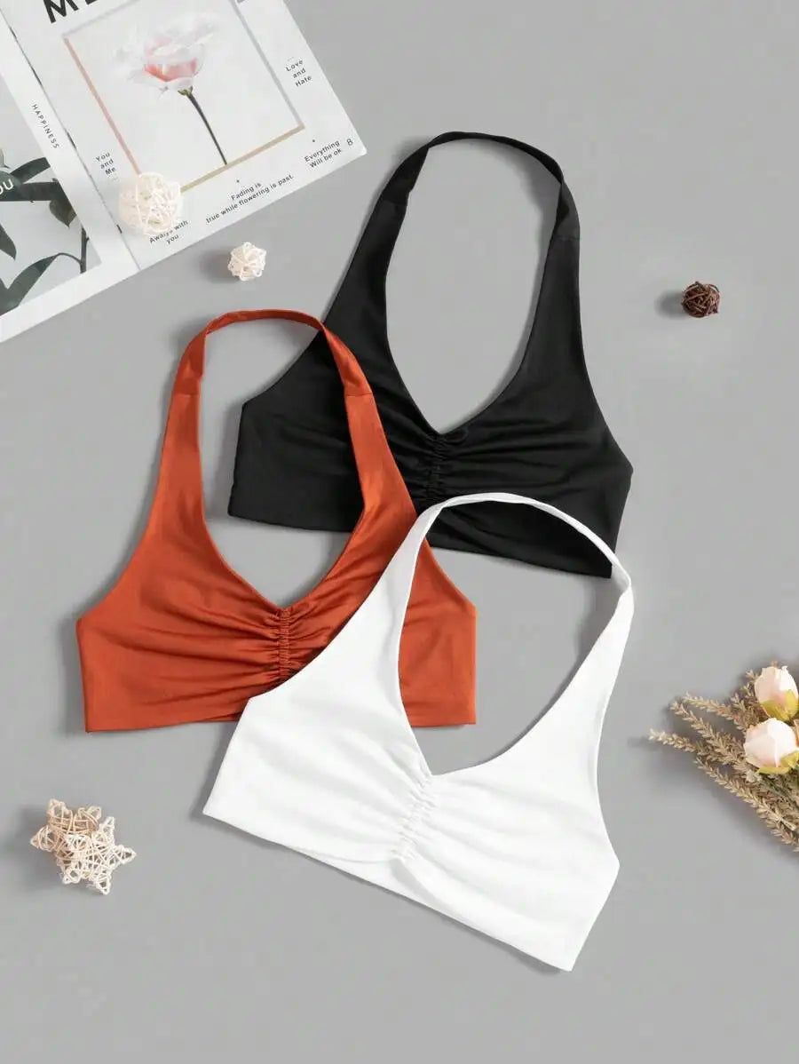 Ruched Halter Sports Bra And Fitness Cami Set For Yoga