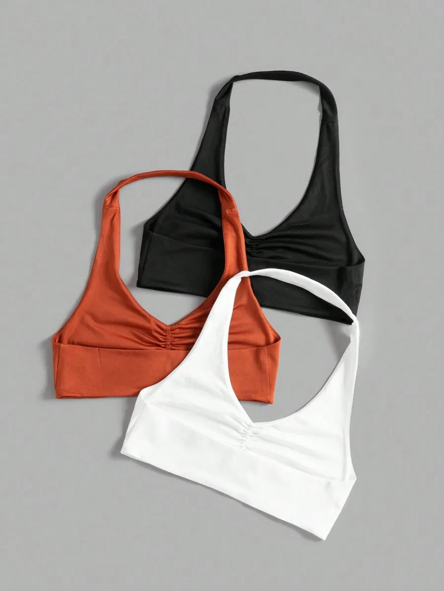 Ruched Halter Sports Bra And Fitness Cami Set For Yoga