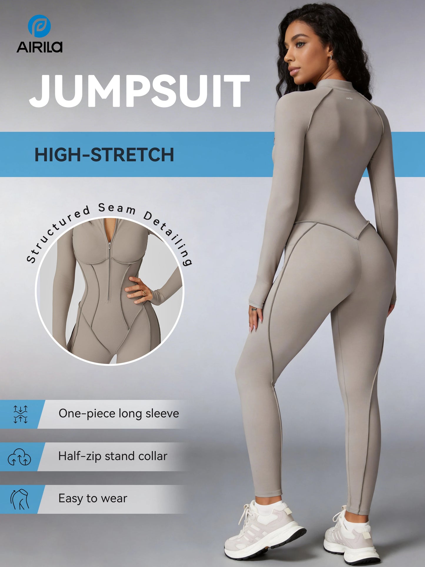 Zip Front Long Sleeve Yoga Jumpsuit For Women Tummy Control Bodycon
