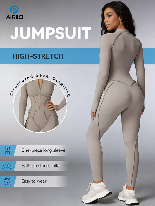 Zip Front Long Sleeve Yoga Jumpsuit For Women Tummy Control Bodycon