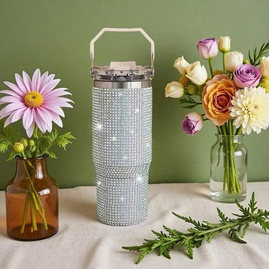 Stainless Steel Vacuum Insulated Tumbler With Rhinestone Decor Straw Lid