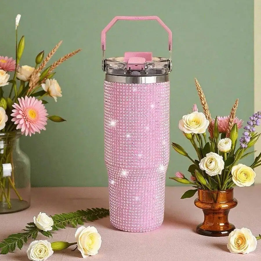 Stainless Steel Vacuum Insulated Tumbler With Rhinestone Decor Straw Lid