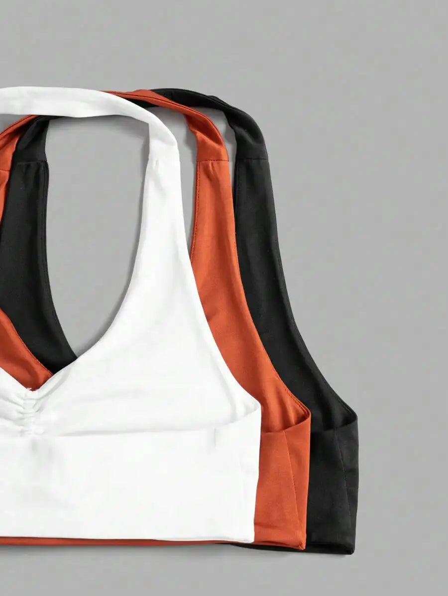 Ruched Halter Sports Bra And Fitness Cami Set For Yoga