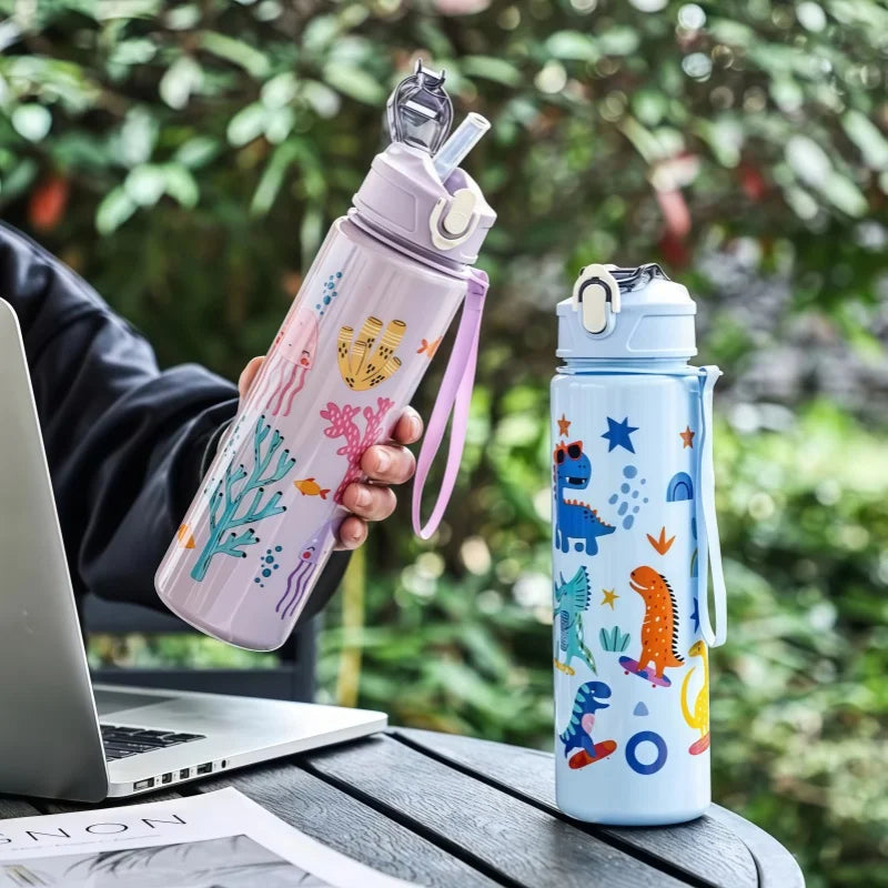 Dinosaur Themed Kids Water Bottle With Silicone Straw Leakproof Plastic