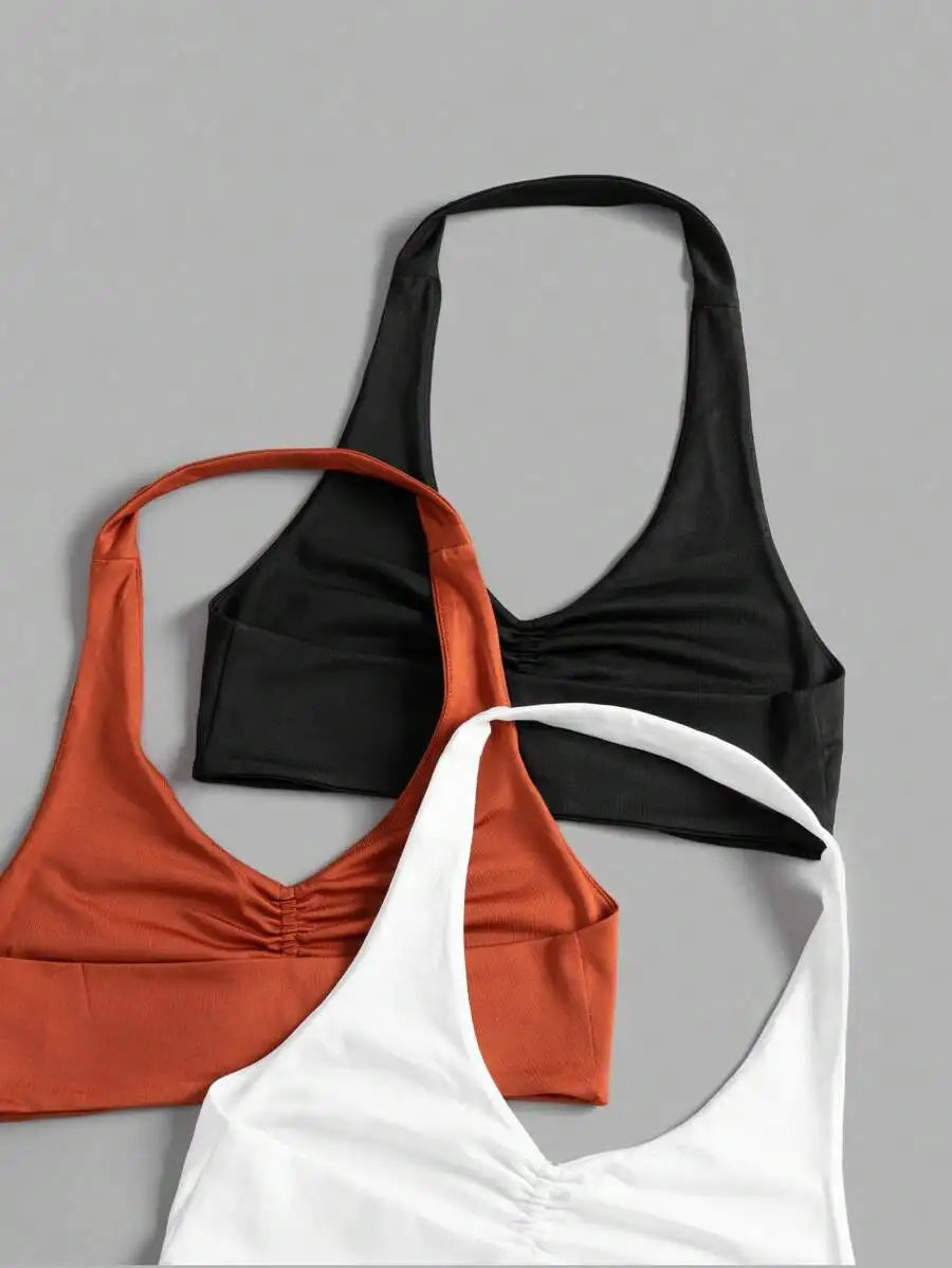 Ruched Halter Sports Bra And Fitness Cami Set For Yoga