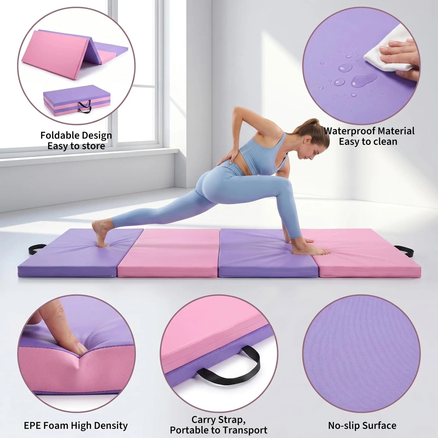 HiMISS Folding Gymnastics Mat For Home Gym Yoga Pilates Tumbling
