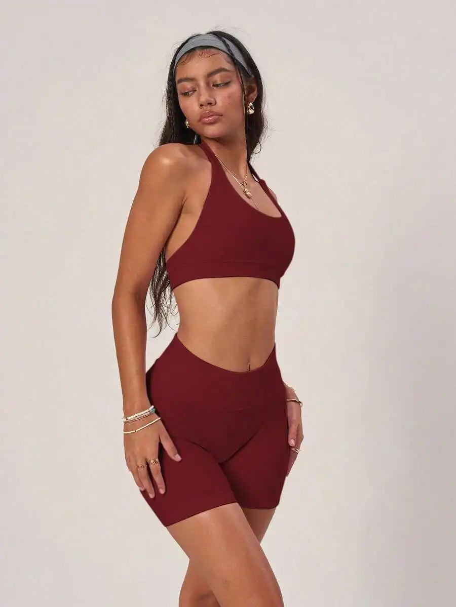 Ribbed Backless Camisole High Waist Cycling Shorts Set Yoga