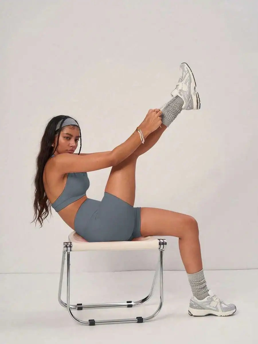 Ribbed Backless Camisole And High Waist Cycling Shorts Set Yoga