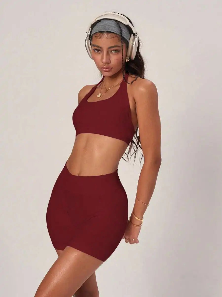 Ribbed Backless Camisole And High Waist Cycling Shorts Set Women