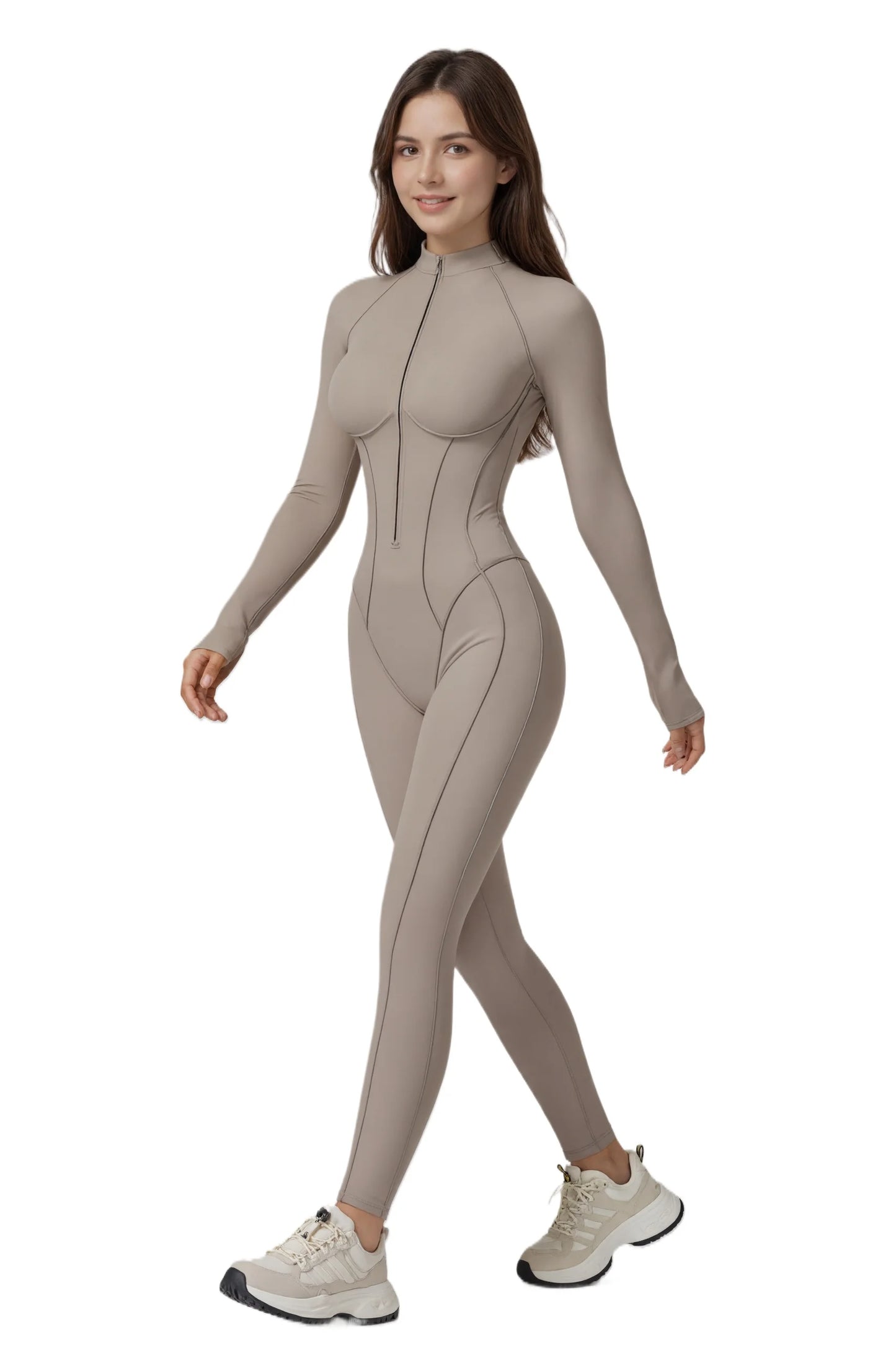 Zip Front Long Sleeve Yoga Jumpsuit For Women Tummy Control Bodycon