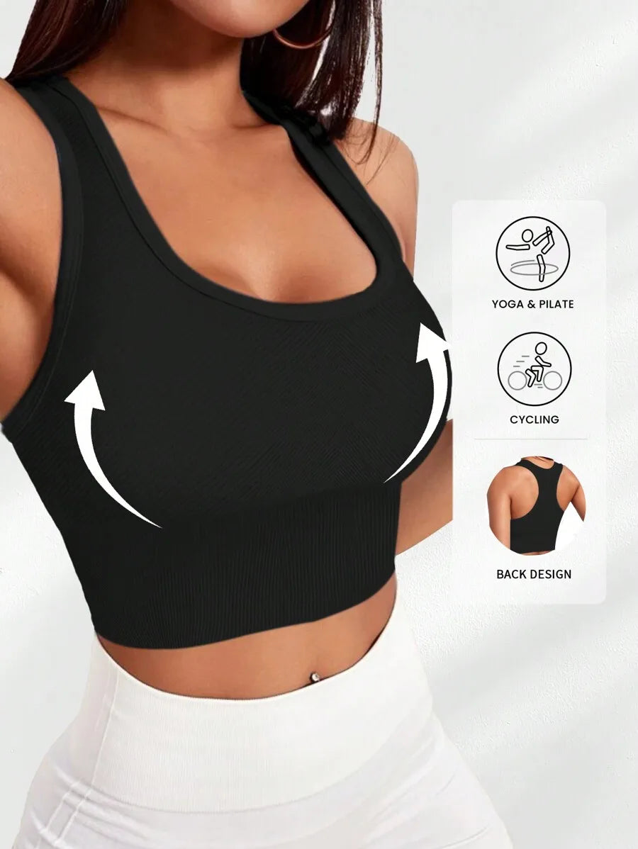 Ribbed Knit Wireless Sports Bra Women Shockproof Yoga Pilates Cycling