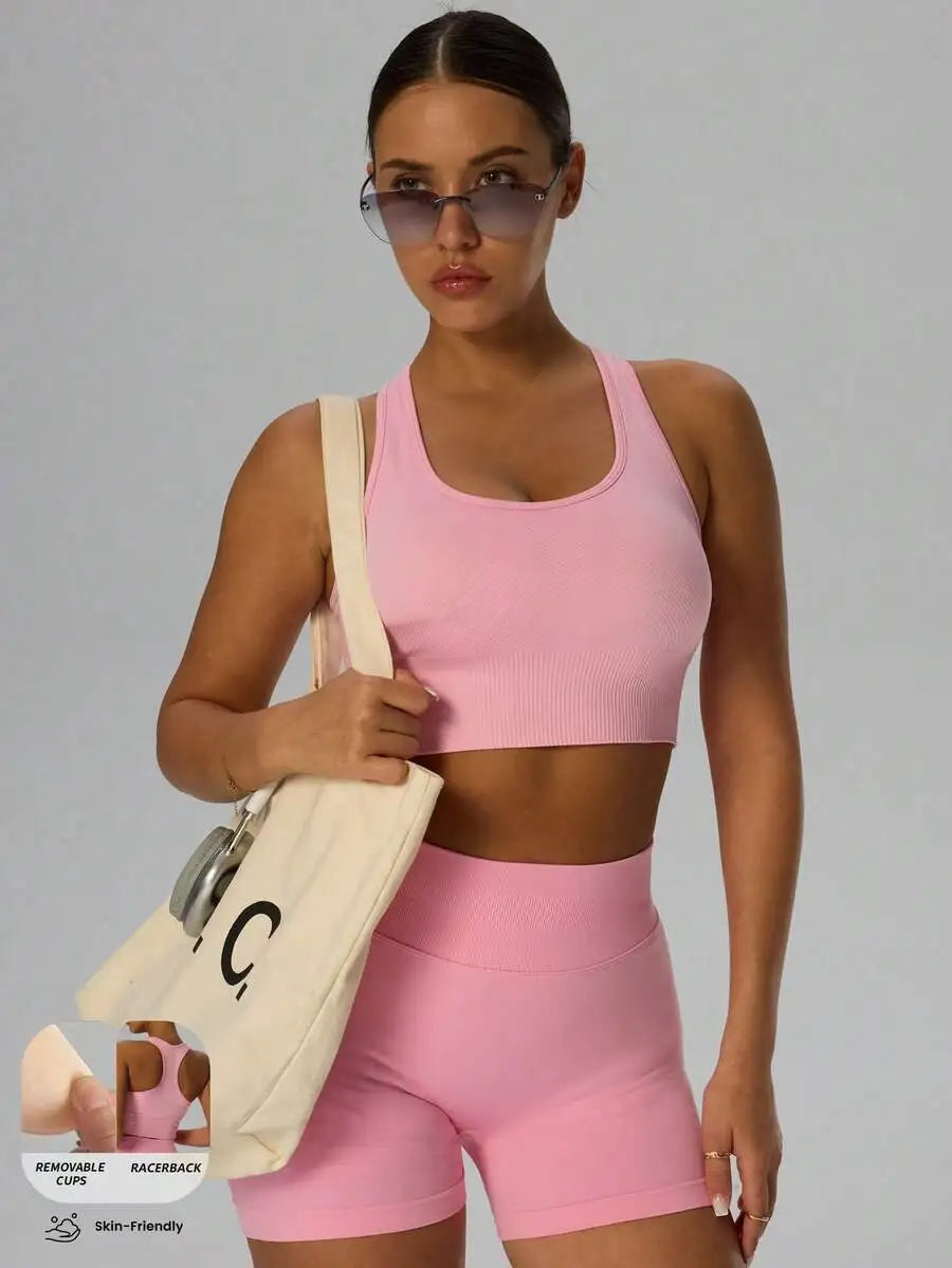 Ribbed Knit Wireless Sports Bra Women Shockproof Yoga Pilates Cycling