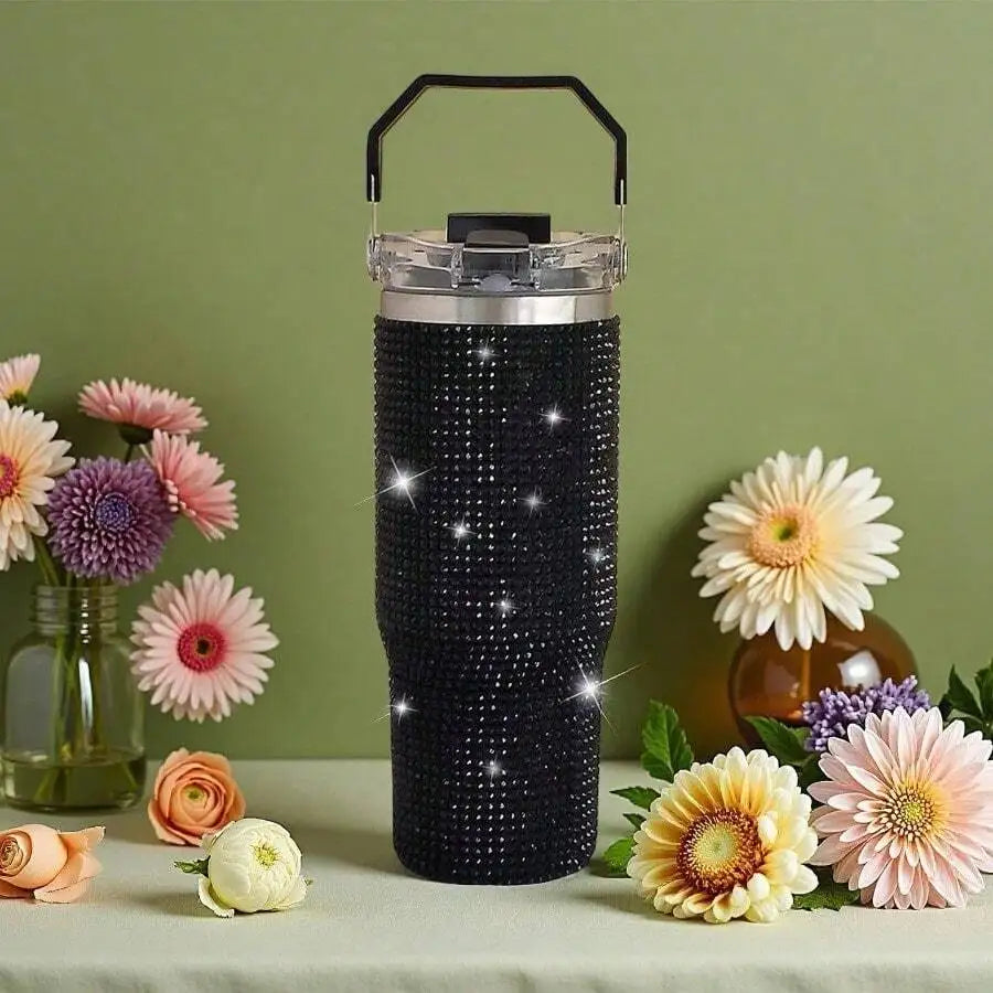 Stainless Steel Vacuum Insulated Tumbler With Rhinestone Decor Straw Lid