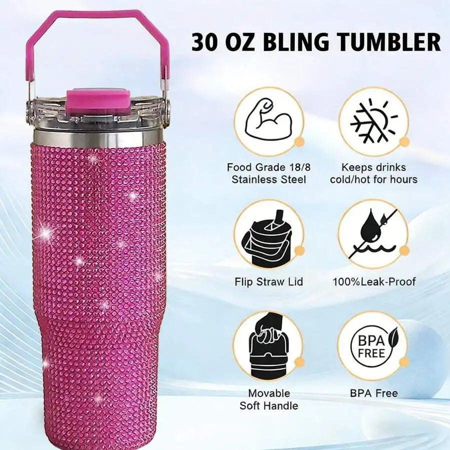 Stainless Steel Vacuum Insulated Tumbler With Rhinestone Decor Straw Lid