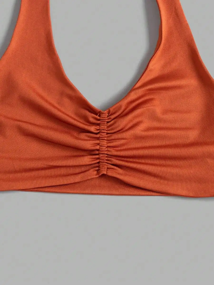 Ruched Halter Sports Bra And Fitness Cami Set For Yoga