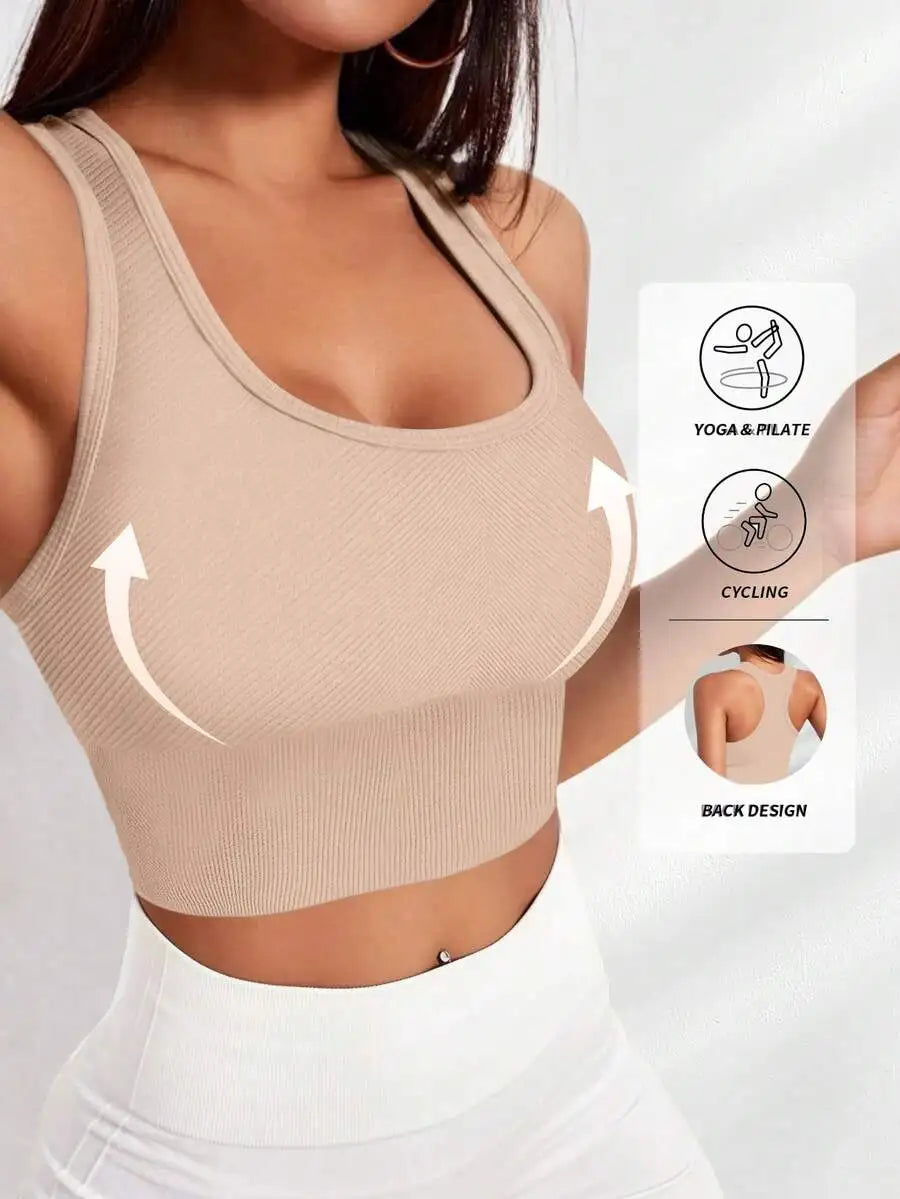 Ribbed Knit Wireless Sports Bra Women Shockproof Yoga Pilates Cycling