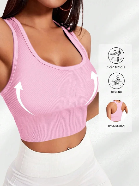 Ribbed Knit Wireless Sports Bra Women Shockproof Yoga Pilates Cycling