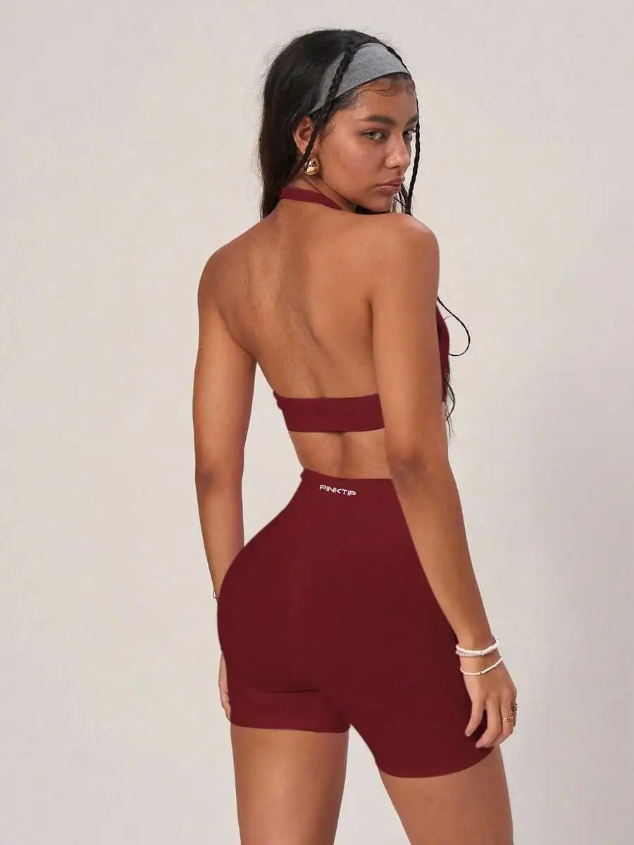 Ribbed Backless Camisole And High Waist Cycling Shorts Set Women