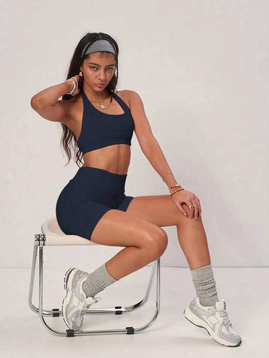 Ribbed Backless Camisole High Waist Cycling Shorts Set Yoga