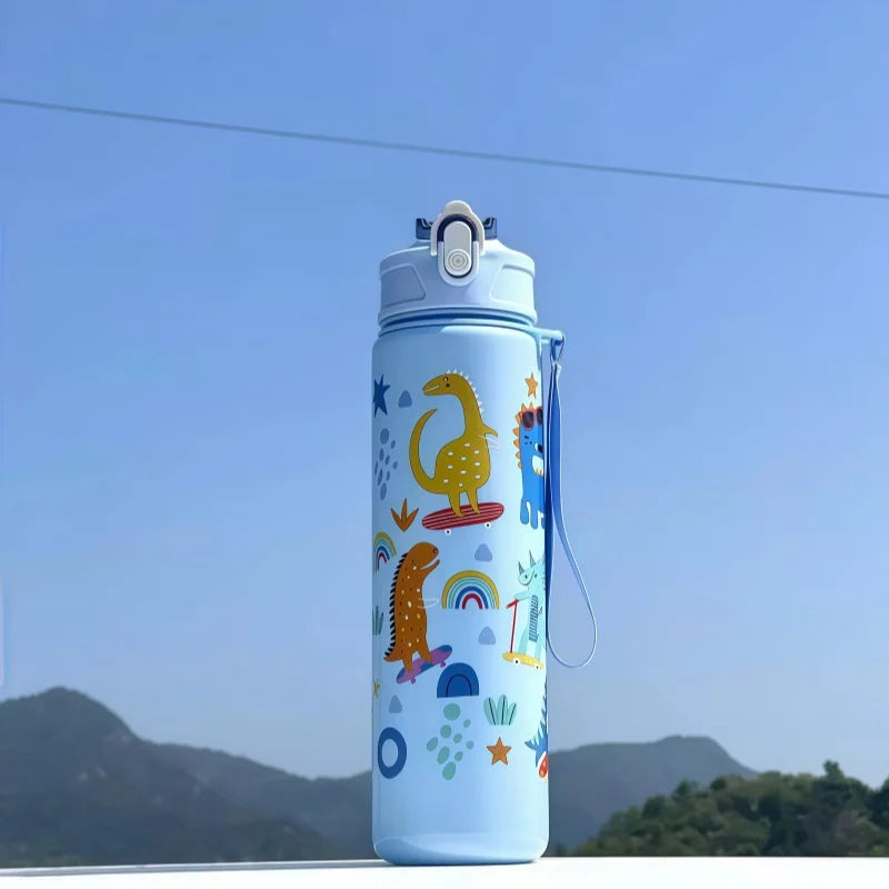 Dinosaur Themed Kids Water Bottle With Silicone Straw Leakproof Plastic