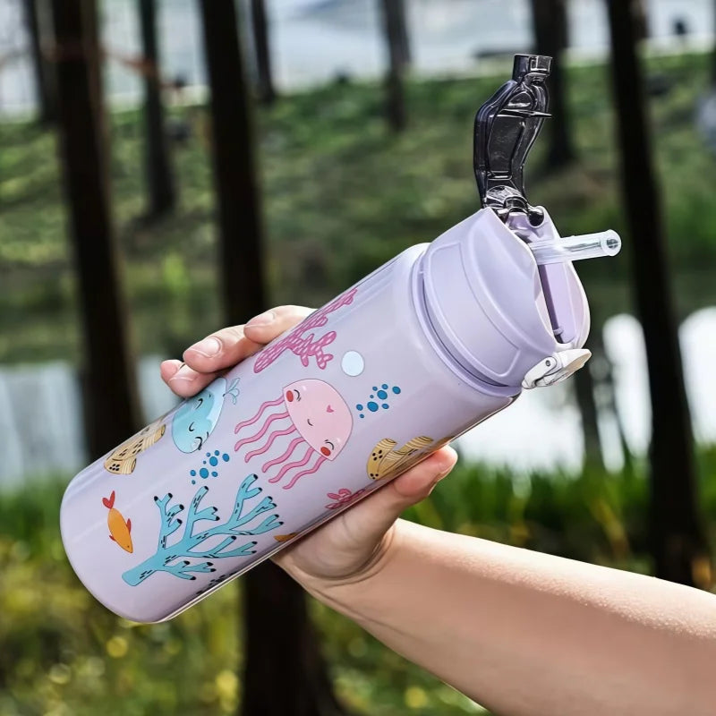 Dinosaur Themed Kids Water Bottle With Silicone Straw Leakproof Plastic