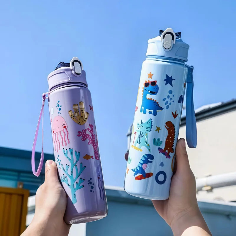 Dinosaur Themed Kids Water Bottle With Silicone Straw Leakproof Plastic