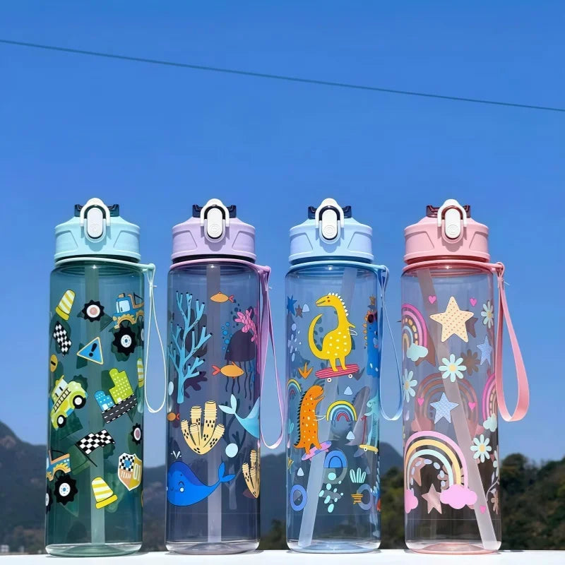 Dinosaur Themed Kids Water Bottle With Silicone Straw Leakproof Plastic