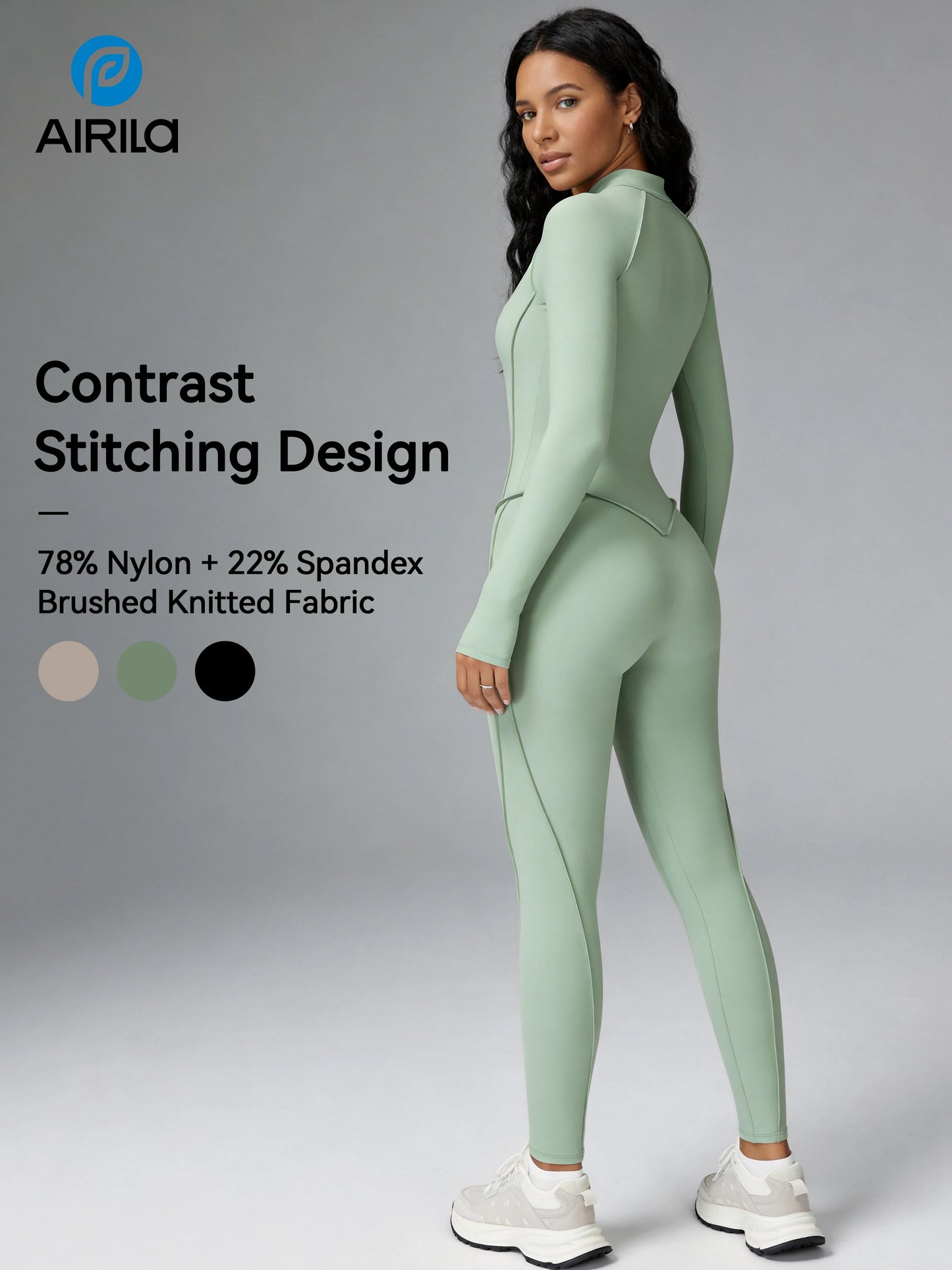 Zip Front Long Sleeve Yoga Jumpsuit For Women Tummy Control Bodycon