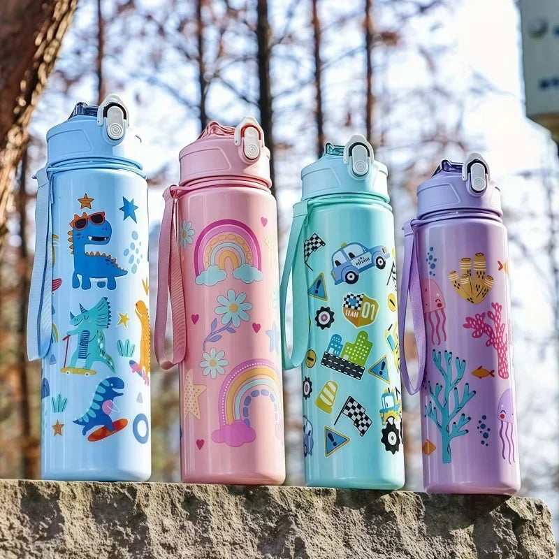 Dinosaur Themed Kids Water Bottle With Silicone Straw Leakproof Plastic