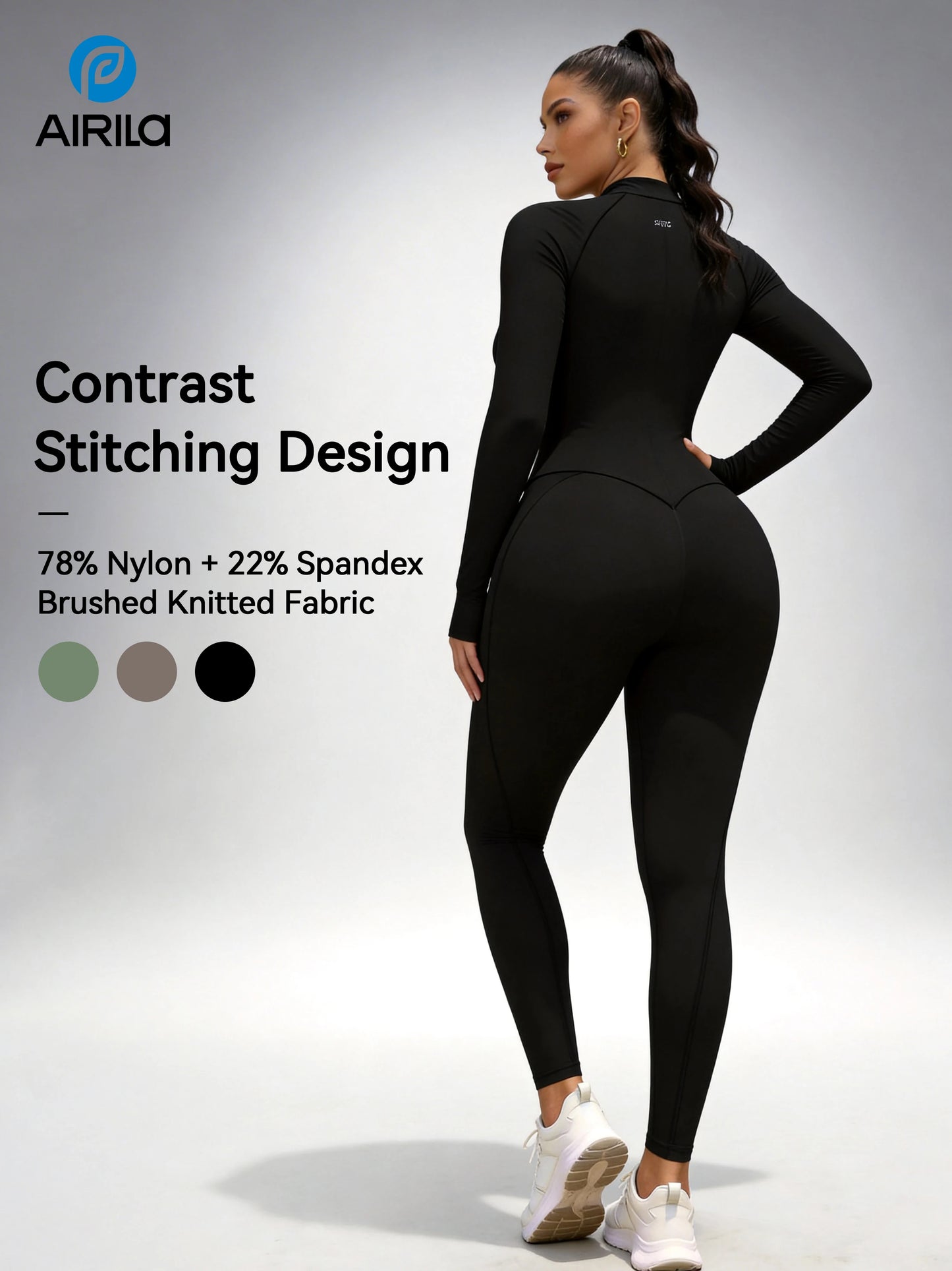 Zip Front Long Sleeve Yoga Jumpsuit For Women Tummy Control Bodycon