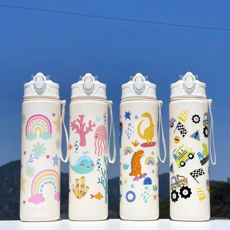 Dinosaur Themed Kids Water Bottle With Silicone Straw Leakproof Plastic