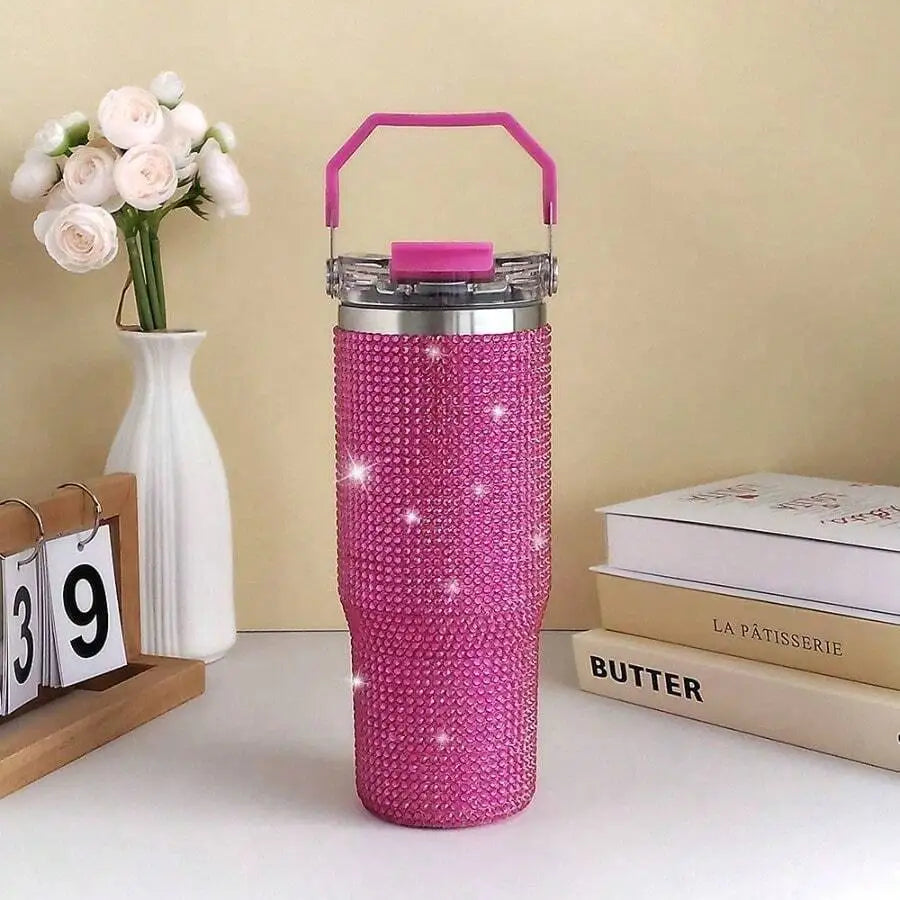 Stainless Steel Vacuum Insulated Tumbler With Rhinestone Decor Straw Lid