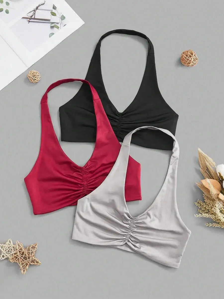Ruched Halter Sports Bra And Fitness Cami Set For Yoga