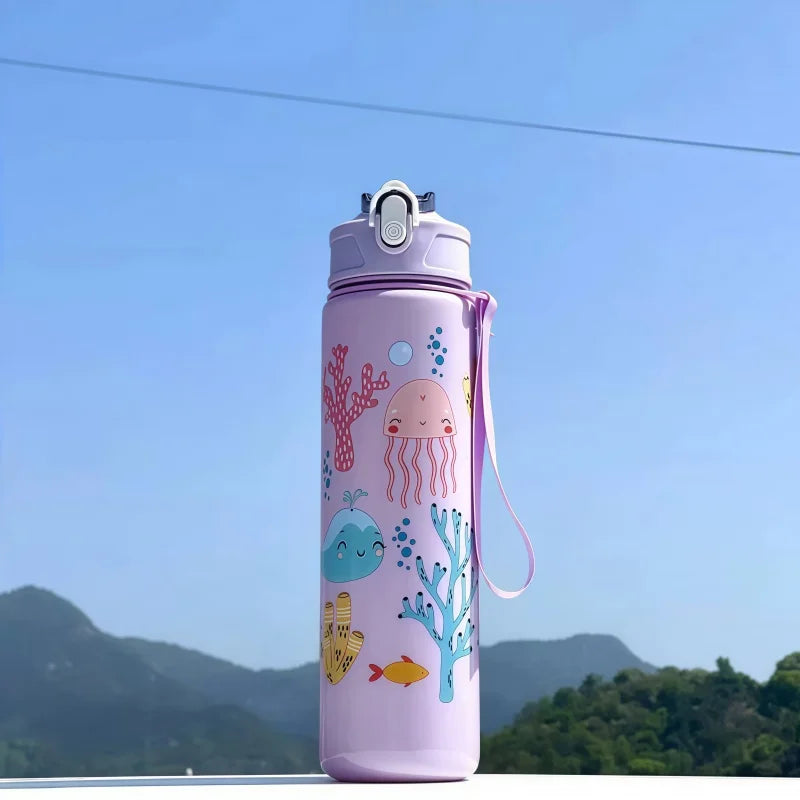 Dinosaur Themed Kids Water Bottle With Silicone Straw Leakproof Plastic